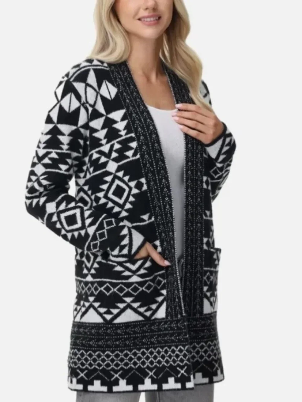 FRYE The Cozy Cardigan Size Large Jacquard Southwestern Open Front Sweater Cozy